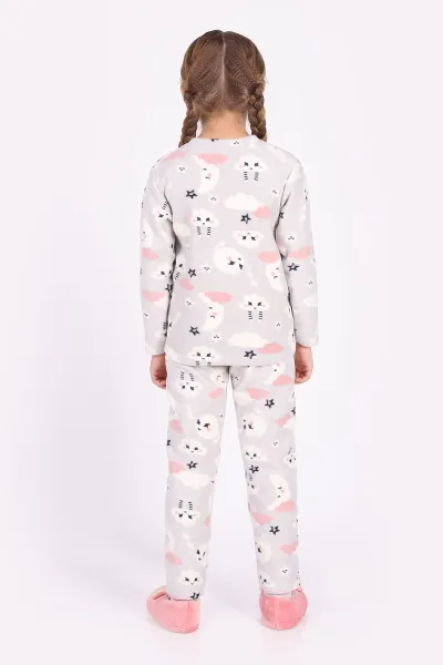 Gri (4-12 Yaş) Ay ve Bulut Desenli Polar Kumaş Kız Çocuk Pijama Takımı 327477