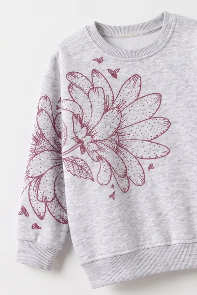 Gri (4-12 Yaş) Çiçek Baskılı İçi Şardonlu Kız Çocuk Sweatshirt 495886