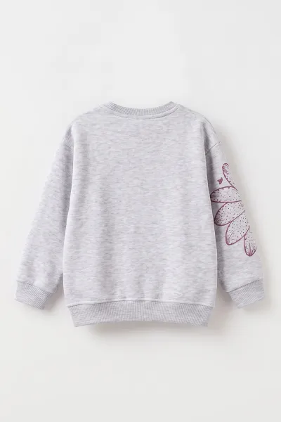 Gri (4-12 Yaş) Çiçek Baskılı İçi Şardonlu Kız Çocuk Sweatshirt 495886