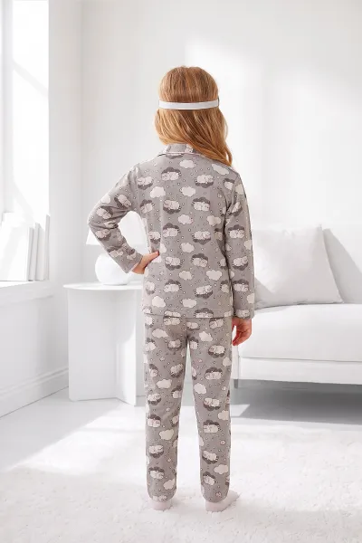 Gri (4-12 Yaş) Desenli   Uzun Kol  Ön Düğmeli Göz Bandı Detaylı Kız Çocuk Pijama Takım 473653