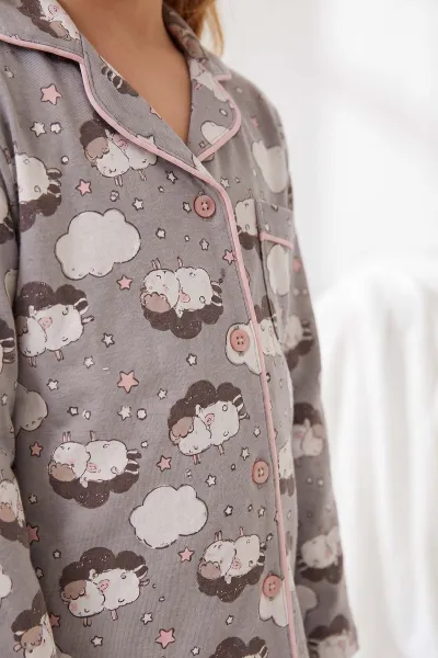 Gri (4-12 Yaş) Desenli   Uzun Kol  Ön Düğmeli Göz Bandı Detaylı Kız Çocuk Pijama Takım 473653