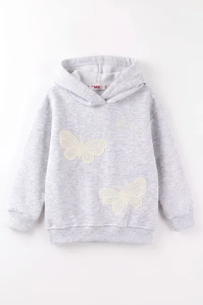 Gri (4-12 Yaş) Kelebek Süzene Nakışlı İçi Şardonlu Kız Çocuk Sweatshirt 495877