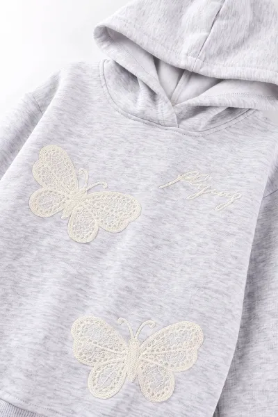 Gri (4-12 Yaş) Kelebek Süzene Nakışlı İçi Şardonlu Kız Çocuk Sweatshirt 495877