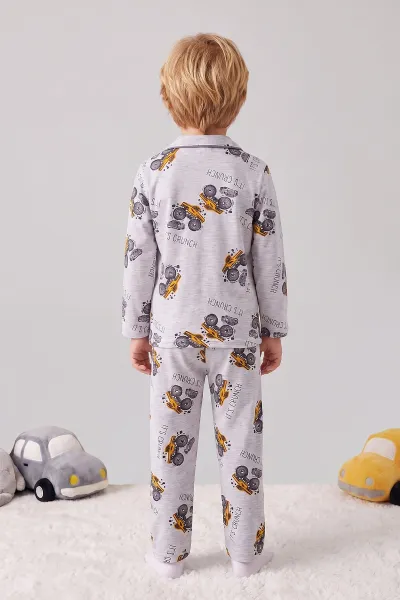 Gri (4-12 Yaş)Karakter  Desenli   Uzun Kol  Ön Düğmeli  Erkek  Çocuk Pijama Takım 473676
