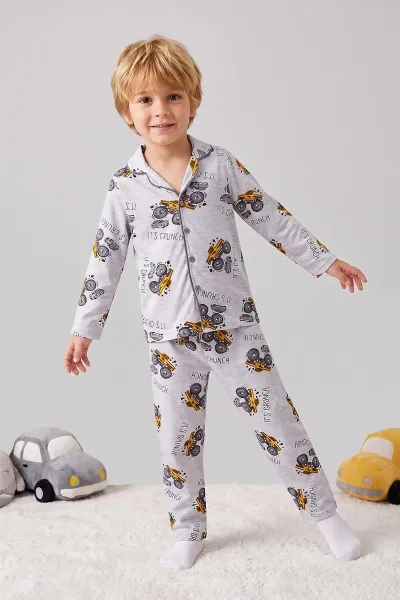 Gri (4-12 Yaş)Karakter  Desenli   Uzun Kol  Ön Düğmeli  Erkek  Çocuk Pijama Takım 473676