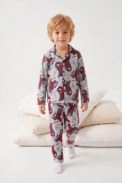 Gri (4-12 Yaş)Karakter  Desenli   Uzun Kol  Ön Düğmeli  Erkek  Çocuk Pijama Takım 473996
