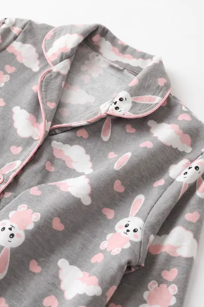 Gri (4-12 Yaş)Karakter Desenli   Uzun Kol  Ön Düğmeli  Kız Çocuk Pijama Takım 500680