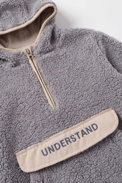 Gri (1-8 Yaş) Understand Nakışlı Kapüşonlu Kanguru Cepli Yardım Fermuarlı Kuzu Erkek Çocuk Sweatshirt 496325