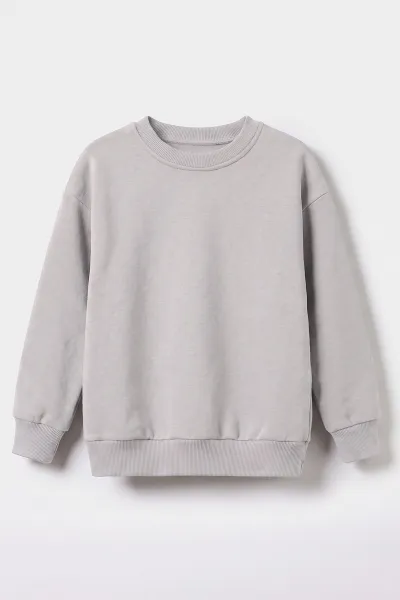 Gri (5-12 Yaş) Baskısız   Düz 3 İp Şardonlu Erkek Çocuk Sweatshirt 483589