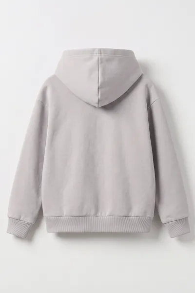 Gri (5-12 Yaş) Baskısız Fermuarlı Kapüşonlu 3 ip Şardonlu Erkek Çocuk Sweatshirt 483577