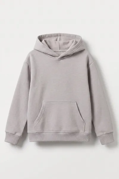 Gri (5-12 Yaş) Baskısız Kapüşonlu 3 İp Şardonlu Erkek Çocuk Sweatshirt 481764