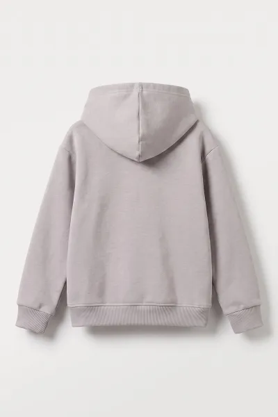 Gri (5-12 Yaş) Baskısız Kapüşonlu 3 İp Şardonlu Erkek Çocuk Sweatshirt 481764