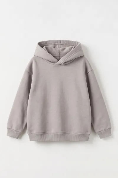 Gri (5-12 Yaş)Kapüşonlu Baskısız Üç İp Şardonlu Erkek Çocuk Sweatshirt 492186