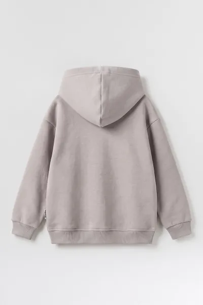 Gri (5-12 Yaş)Kapüşonlu Baskısız Üç İp Şardonlu Erkek Çocuk Sweatshirt 492186