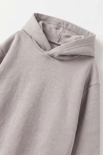 Gri (5-12 Yaş)Kapüşonlu Baskısız Üç İp Şardonlu Erkek Çocuk Sweatshirt 492186