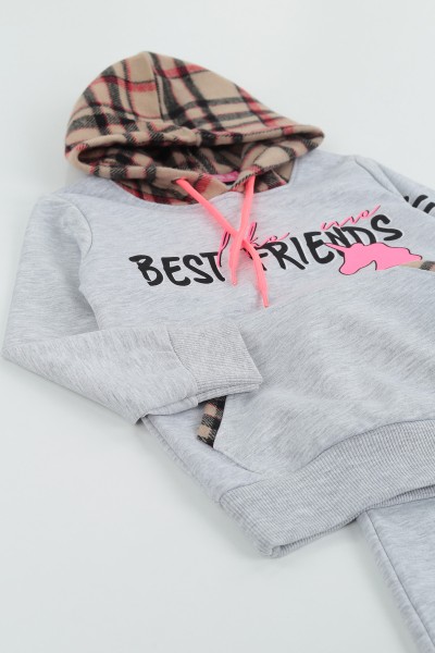 Gri (5-8 Yaş) Best Frıends Baskılı Kapüşonlu Kız Çocuk Mevsimlik İkili Takım 133725