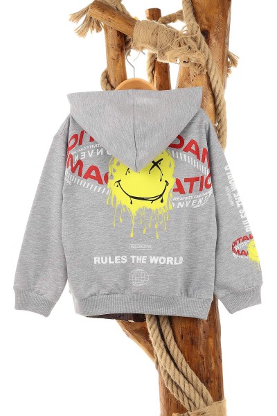 Gri (5-8 Yaş) Feel Happy Baskılı Kapüşonlu  Mevsimlik Erkek Çocuk Sweat 157159