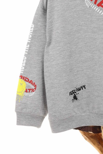 Gri (5-8 Yaş) Feel Happy Baskılı Kapüşonlu  Mevsimlik Erkek Çocuk Sweat 157159