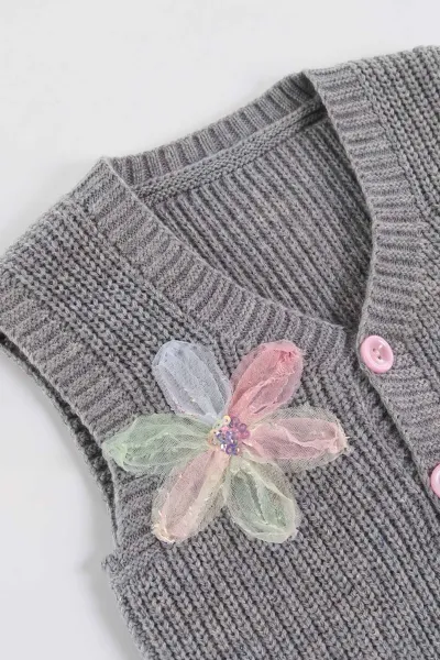 Gri (5-8 Yaş) Pullu Çiçek Motifli Triko Selanik Kız Çocuk Yelek 474276