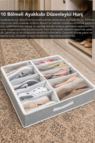 Gri 58x58x12 Cm 10 Bölmeli Ayakkabı Saklama Hurcu 481206
