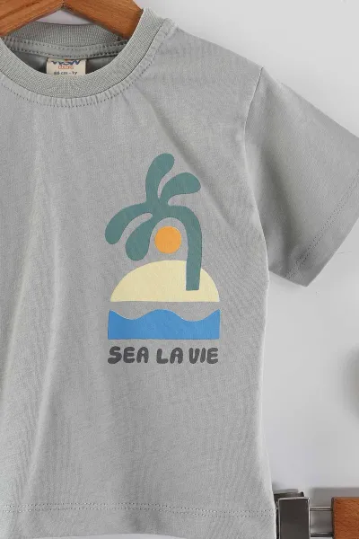 Gri (6-12 Ay-3-4 Yaş)  Sea La Vie Baskılı   Tişörtlü ve Şortlu Erkek Çocuk Yazlık Takım 455234