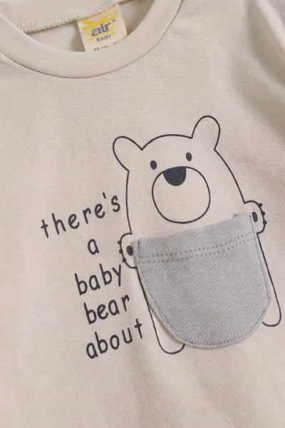 Gri (6-18 Ay)Bear Baskılı Cep Detaylı Çıtçıtlı Çimalı Erkek Bebek Takım 477823