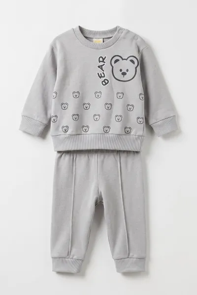 Gri (6-18 Ay)Bear Baskılı Çıtçıtlı Çimalı Erkeke Bebek Takım 477417