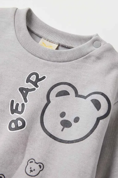 Gri (6-18 Ay)Bear Baskılı Çıtçıtlı Çimalı Erkeke Bebek Takım 477417