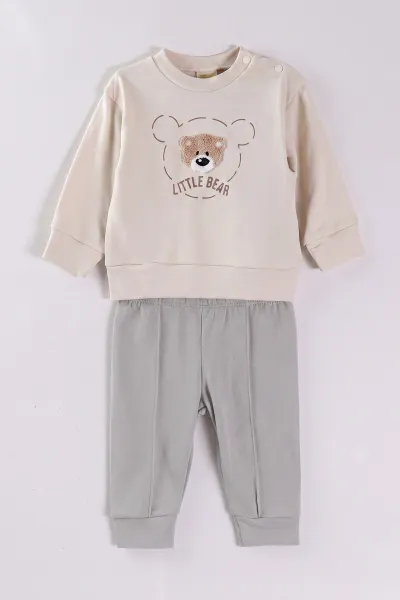 Gri (6-18 Ay)Bear Süzene Nakışlı Çıtçıtlı Çimalı Erkek Bebek Takım 477309
