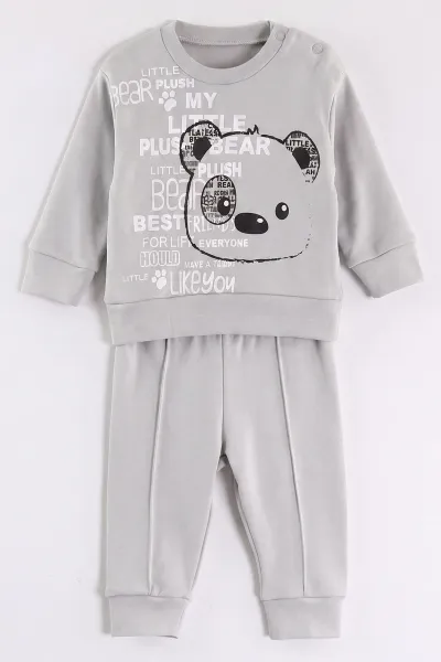 Gri (6-18 Ay)Bear Yazı Baskılı Çıtçıtlı Çimalı Erkek Bebek Takım 477938