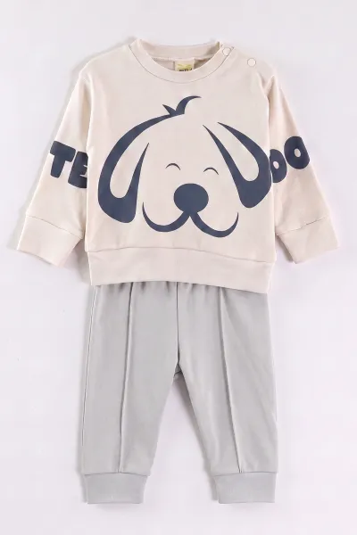Gri (6-18 Ay)Cute Dog Baskılı Çıtçıtlı Çimalı Erkek Bebek Takım 477886