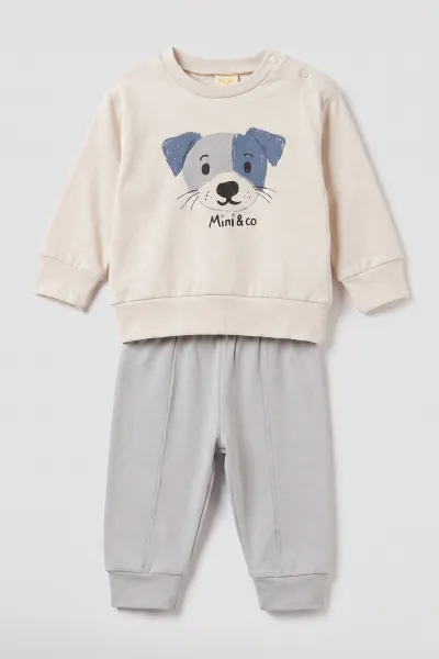 Gri (6-18 Ay)Köpek Baskılı Çıtçıtlı Çimalı Erkek Bebek Takım 477644