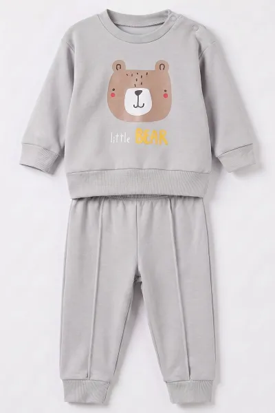 Gri (6-18 Ay)Little Bear Baskılı Çıtçıtlı Çimalı Erkek Bebek Takım 477953