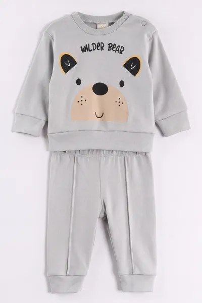 Gri (6-18 Ay)Wild Bear Baskılı Çıtçıtlı Çimalı Erkek Bebek Takım 477927