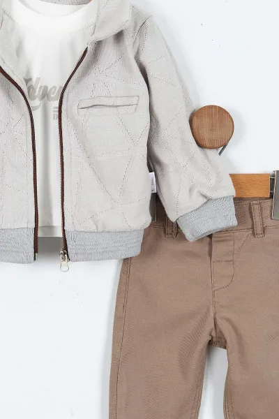 Gri (6-24 Ay) Baskılı Bodyli  Triko Ceketli Gabardin Pantolonlu Erkek Bebek 3'lü Takım 408451