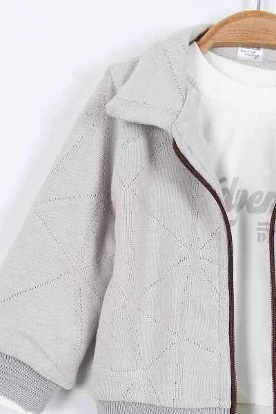 Gri (6-24 Ay) Baskılı Bodyli  Triko Ceketli Gabardin Pantolonlu Erkek Bebek 3'lü Takım 408451