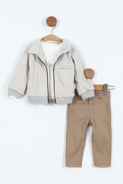Gri (6-24 Ay) Baskılı Bodyli  Triko Ceketli Gabardin Pantolonlu Erkek Bebek 3'lü Takım 408451