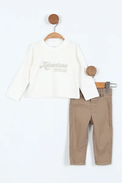 Gri (6-24 Ay) Baskılı Bodyli  Triko Ceketli Gabardin Pantolonlu Erkek Bebek 3'lü Takım 408451