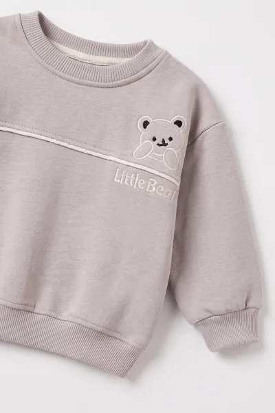 Gri (6-24 Ay) Little Bear Nakışlı Kıl Biyei İçi Şardonlu Erkek Bebek Kışlık Takım 495708