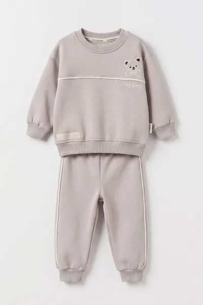 Gri (6-24 Ay) Little Bear Nakışlı Kıl Biyei İçi Şardonlu Erkek Bebek Kışlık Takım 495708