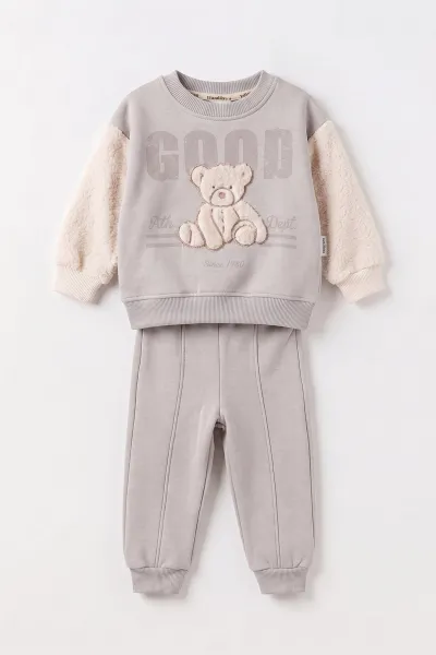 Gri (6-24 Ay) Süzene Ayıcık Nakışlı Kolları Peluş  3 İp Şardonlu Erkek Bebek Kışlık Takım 497402
