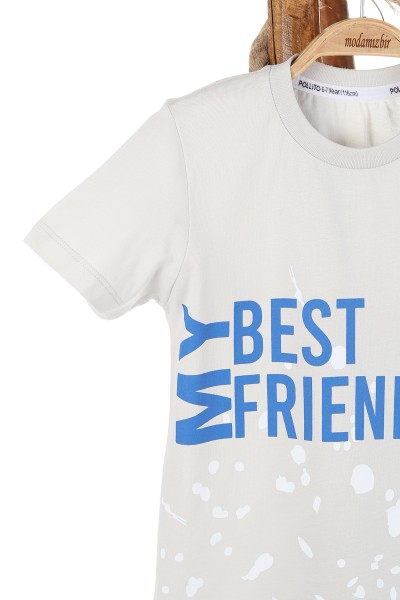 Gri (6-9 Yaş) My Best Frıend Baskılı Kot Şortlu Erkek Çocuk Takım 164616
