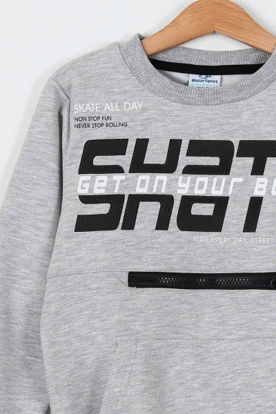 Gri (7-10 Yaş) Skate Baskılı Fermuar Detaylı Kanguru Cepli Erkek Çocuk Takım 199295