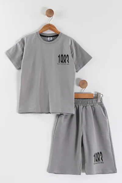 Gri (7-14 Yaş) 1983  Baskılı   Şortlu Süprem Erkek Çocuk Yazlık Takım 446306