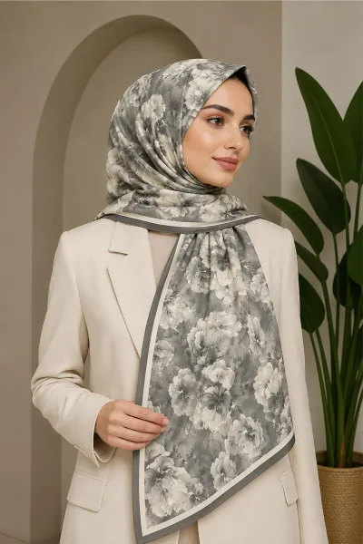Gri 70x180 Cm Dijital Baskılı Çiçek Desen Soft Şal 482116