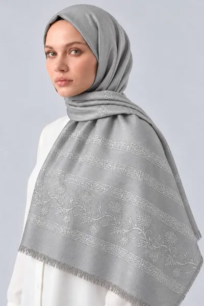 Gri 70x180 Cm Floral Premium Jakarlı Pamuk Şal 494064