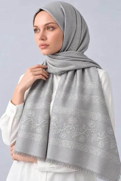 Gri 70x180 Cm Floral Premium Jakarlı Pamuk Şal 494064