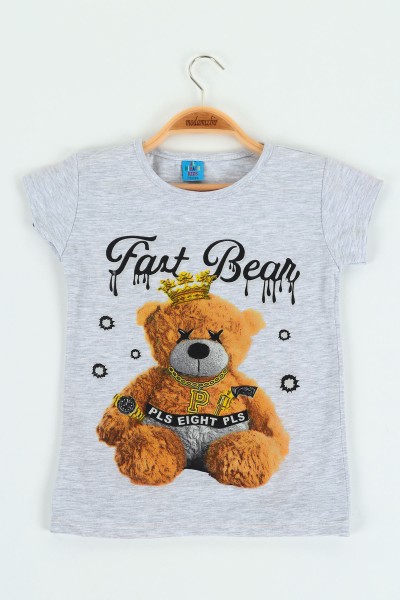 Gri (8-12 yaş) Fast Bear Baskılı Kız Çocuk Tişört 121232