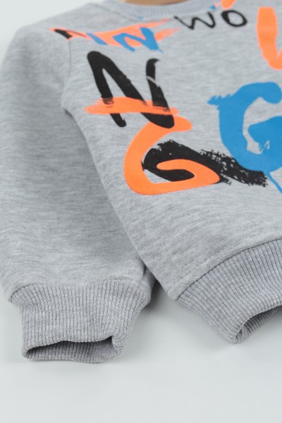 Gri (8-12 Yaş) Wowo Wın Baskılı Üç İp Şardonlu Erkek Çocuk Sweat Polar 135253