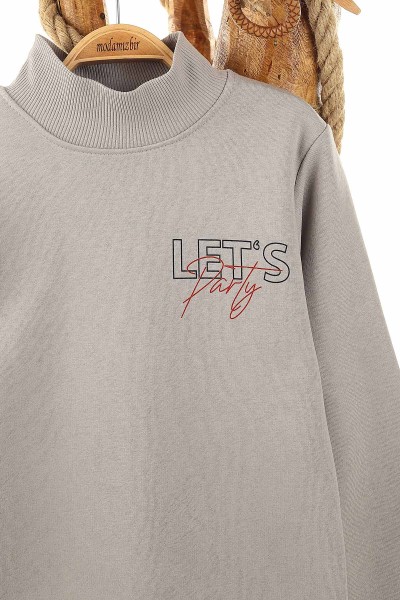 Gri (9-12 Yaş) Let'S Party Baskılı Üç İp Şardonlu Erkek Çocuk Sweat 148951